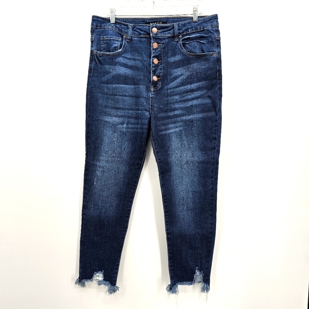 RiSEN rose gold button fly chewed hem high rise skinny jeans size 1XL